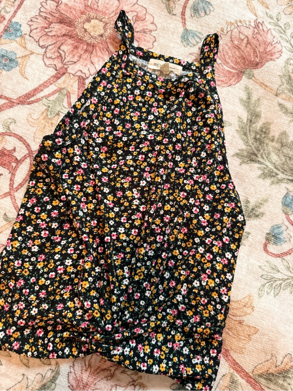 Moa Moa Black Floral Knot-Front Tank with Pink & Yellow Blooms